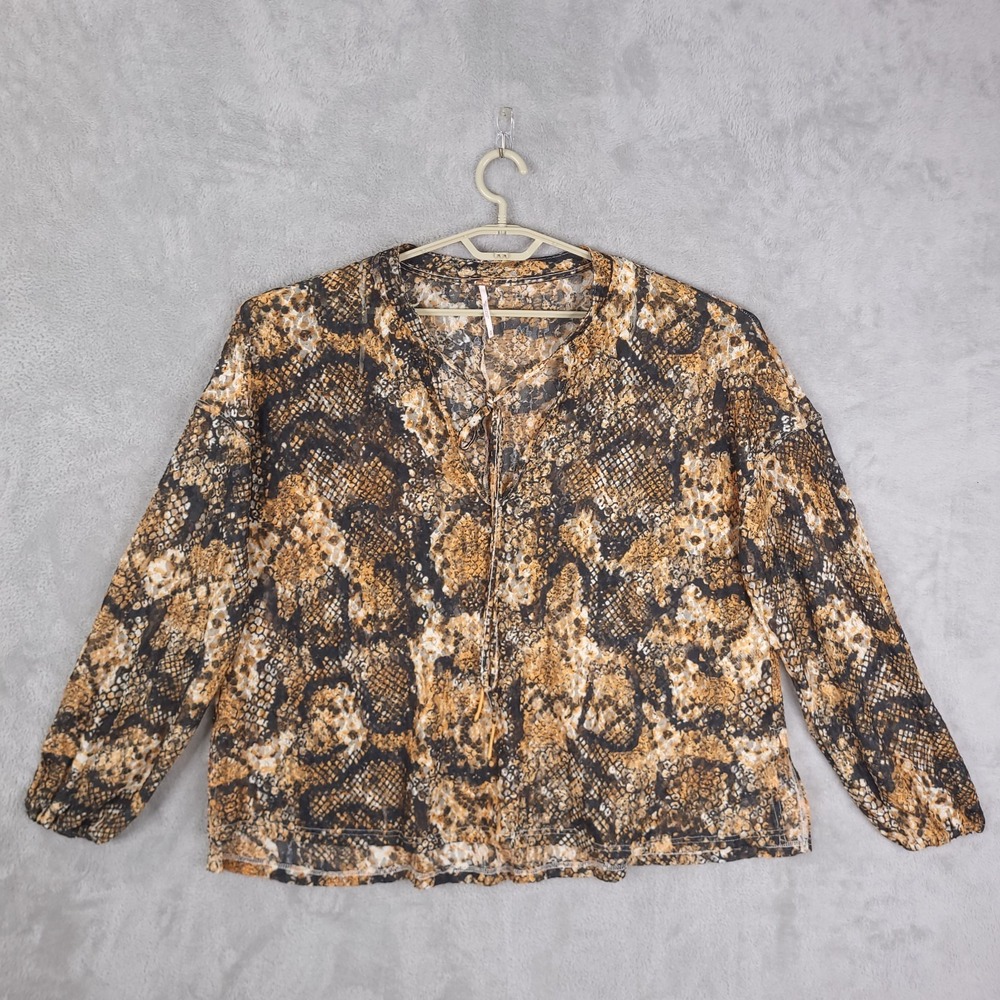 Free People Out For The Night Semi Sheer Blouse Snake Combo Size M/L Brown Boho